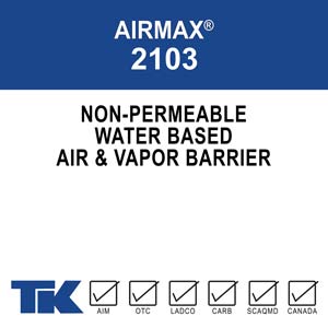 AIRMAX 2103 is a water-based, <100 g/L, non-permeable, rubberized air and vapor barrier ideally suited for residential building and commercial cavity walls. TK Products 2103 has superior UV resistance for 12 months and can be applied at temperatures 40 degrees and rising.