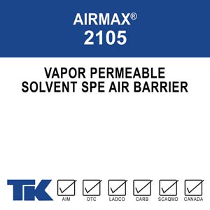 AIRMAX 2105 is a solvent-borne, <100 g/L, silicone based, vapor permeable, a liquid applied membrane that acts as an air and weather barrier. TK Products 2105 is rated for cold-climate application at temperatures of zero degrees and rising. AIRMAX 2015’s air and weather barrier can be applied to residential concrete, masonry, exterior gypsum, plywood and OSB boards