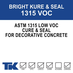 bright-kure-&-seal-1315-voc A blend of 100% methyl/methacrylate polymers used as a superior curing, sealing and protective compound for exposed aggregate, colored concrete and other decorative concrete and masonry surfaces. Available in Gloss or Matte finishes. "VOC" formulation meets VOC content requirements