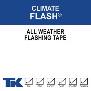 Climate Flash is an all-weather flashing tape is a multilayer polyolefin backing that acts as an air, moisture, and vapor barrier. Climate Flash is self-adhering, self-seals, and will conform to irregular surfaces with low permeability.