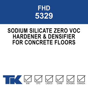 A colorless, odorless blend of 100% active sodium silicate and siliconate to strengthen, harden, densify and dustproof new or existing concrete and masonry floors. TK-5329 penetrates into the concrete, sealing the pores and capillaries and creating a chemical reaction within the concrete to produce a hard mineral film that is resistant to water, chemicals, and abrasion.
