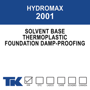 hydromax-2001 A plastic solution formulation for damp proofing above or below-grade poured concrete and concrete block foundation walls to prevent the penetration of water and other chemicals.