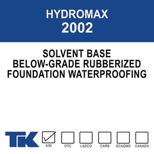 hydromax-2002 A non-breathable, single component, fluid applied foundation coating. This solvent-based, rubberized polymer formulation is used to dampproof and waterproof