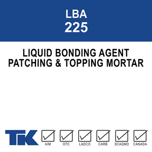 lba-225 An acrylic latex liquid bonding agent with an admixture (in place of water) for cement mortar patching and resurfacing. When mixed with a cement/sand or gravel combination