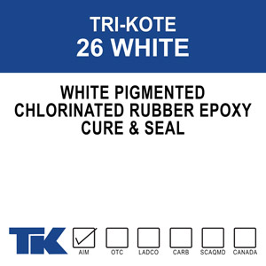 tri-kote-26-white A special formula of chlorinated rubber and epoxy that cures, seals and hardens new or existing concrete in one easy application. TK-26 UV eliminates the need for further curing processes by retaining 95-98% of the moisture content of concrete over its critical 7-day curing period - ensuring stronger, fully cured concrete. Contains a white pigment for reluctance (day or night).