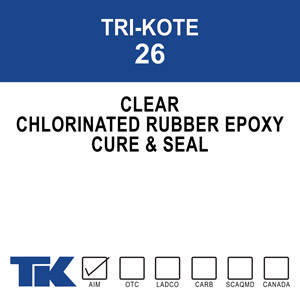 tri-kote-26 A special formula of chlorinated rubber and epoxy that cures, seals and hardens new or existing concrete in one easy application. TK-26 eliminates the need for further curing processes by retaining 95-98% of the moisture content of concrete over its critical 7-day curing period